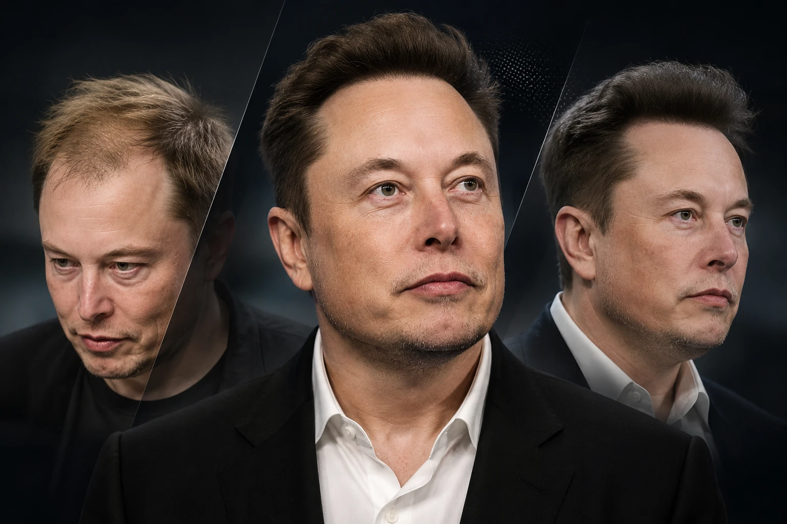 Elon Musk hair restoration before and after comparison showing his hairline transformation over the years