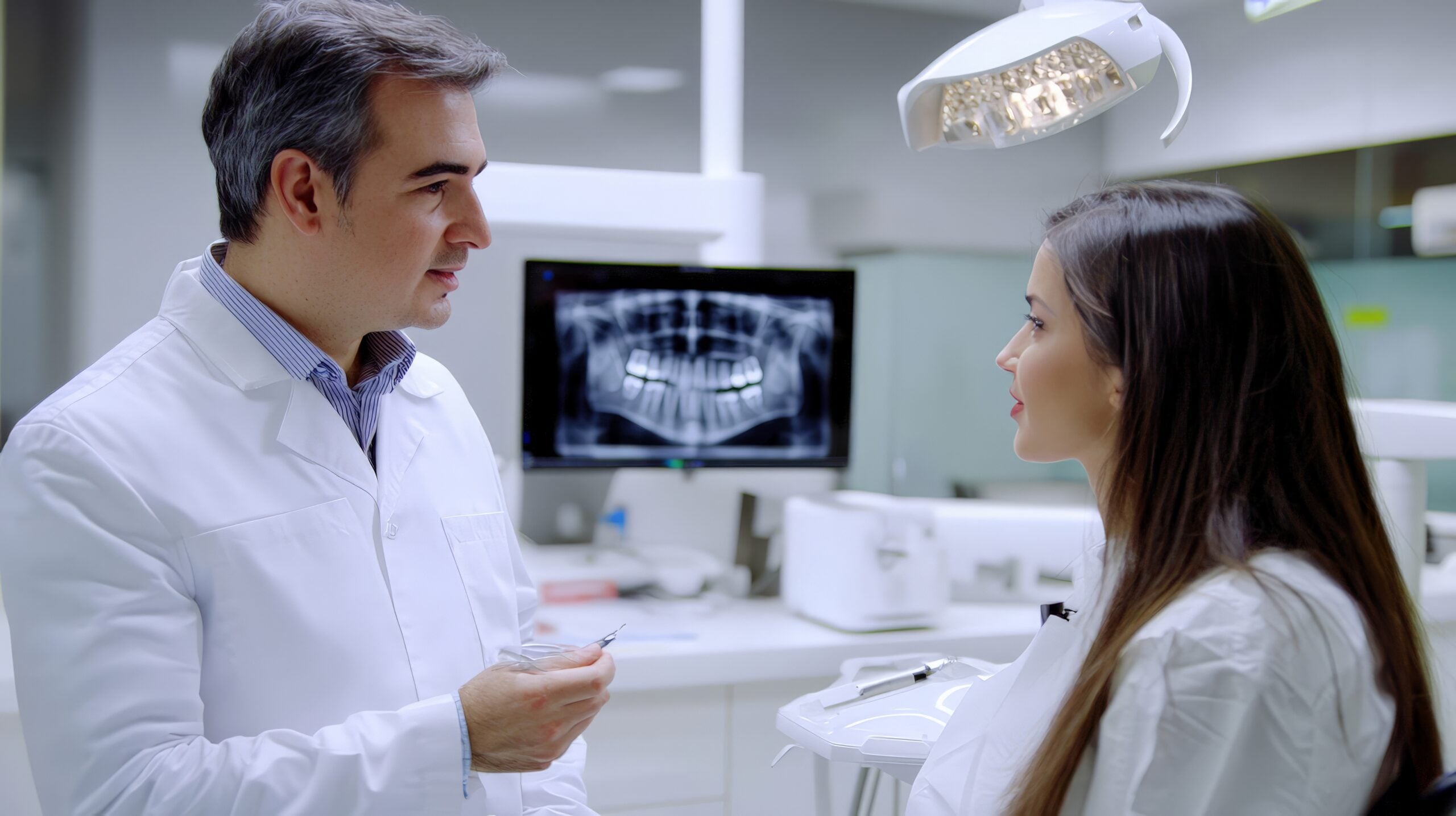 Dentist answering patient questions during a dental consultation