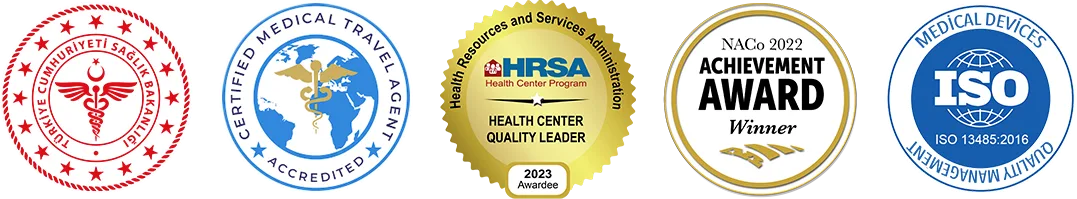 Official certification logos showcasing clinic accreditation and awards