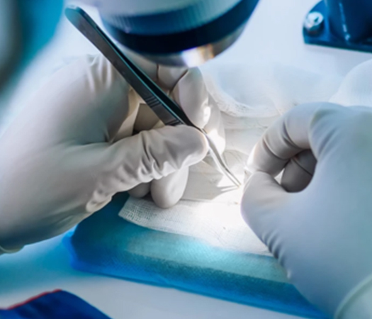 A close-up of a hair transplant procedure at Natural Clinic, showing a surgeon carefully preparing hair grafts under a microscope with sterile tools and gloves, emphasizing precision and expertise.