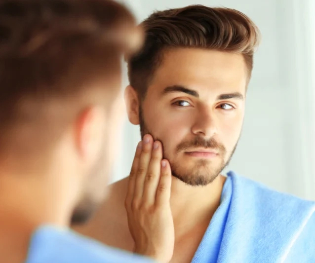 Post-operative care after a beard hair transplant, with a patient receiving guidance from the clinic staff.